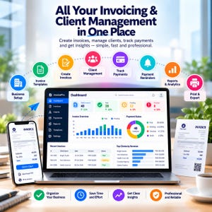 Könnte beinhalten: Ein Laptop und ein Smartphone zeigen das InvoicePro-Dashboard mit Diagrammen, Zahlungsstatus und Rechnungslisten. Der Text umfasst All Your Invoicing & Client Management in One Place, Create Invoices, Client Management, Track Payments, Payment Reminders, Reports & Analytics, Print & Export und Business Setup.
