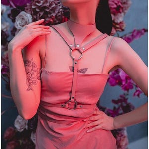 Könnte beinhalten: Ein rosa Leder-Körpergeschirr mit Halsband, Schultergurten und einem zentralen vertikalen Riemen. Das Geschirr hat silberfarbene Metallringe und Beschläge. Das Model trägt ein rosa Kleid. Der Hintergrund ist ein Blumenarrangement.