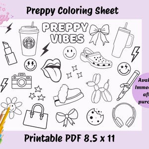 Preppy coloring sheet, Preppy vibes,Printable Activity for tween party, Y2K coloring sheet,Preppy stuff coloring sheet, smiley face party