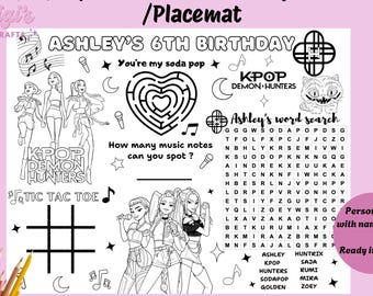 Kpop Aktivitätsseite, druckbare PDF-Digital-Download, Kindergeburtstag-Aktivitätsparty, Huntrix, personalisierte Malseite