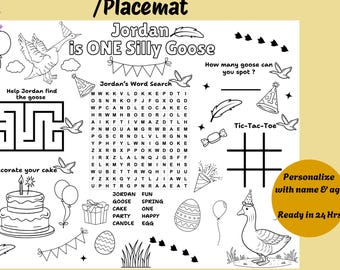 One Silly Goose Birthday Party Coloring Activity Placemat, Editable Goose 1st Birthday Printable Activity Sheet, Kids Coloring Party Favor