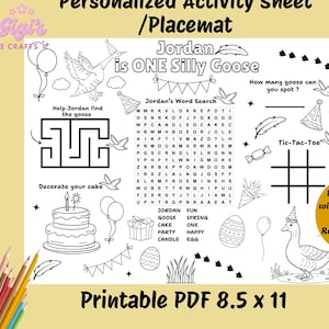 One Silly Goose Birthday Party Coloring Activity Placemat, Editable Goose 1st Birthday Printable Activity Sheet, Kids Coloring Party Favor