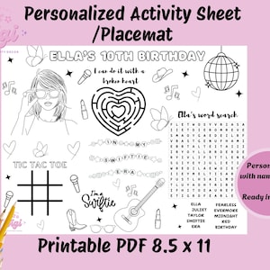 May include: A printable activity sheet for a 10th birthday party, featuring a black and white illustration of a girl with a microphone, a heart maze, a tic-tac-toe game, a guitar, a disco ball, and a word search puzzle. The text "Ella's 10th Birthday" is at the top of the sheet. The sheet is ready to be personalized with a name and age.