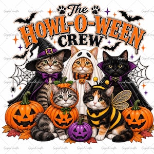 May include: A graphic illustration featuring five cats in Halloween costumes, including a witch, ghost, pumpkin, and bee. The text reads The HOWL-O-WEEN CREW. The design includes orange pumpkins, black bats, spider webs, and purple stars on a white background.