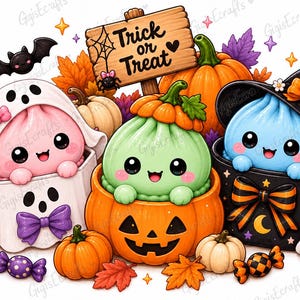 Op de afbeelding: Een digitale illustratie met drie schattige, ronde figuren in Halloween-kostuums: een roze in een spooklaken, een groene in een pompoen en een blauwe met een heksenhoed. Een houten bordje toont de tekst Trick or Treat met een spinnetje.