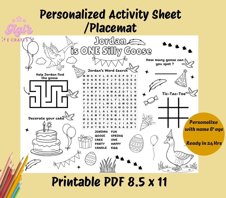 One Silly Goose Birthday Party Coloring Activity Placemat, Editable Goose 1st Birthday Printable ...
