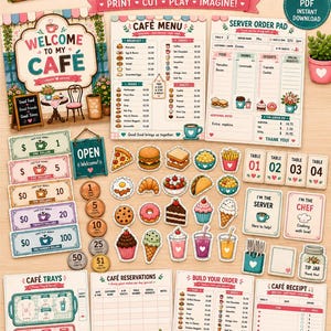 May include: A printable cafe pretend play kit featuring a menu, server order pad, play money, food cutouts, and reservation forms. The set includes signs, table numbers, and receipt templates with colourful illustrations of food, drinks, and cafe items.