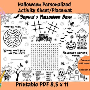 Op de afbeelding: Zwart-wit Halloween-activiteitenblad met een doolhof, woordzoeker en diverse griezelige illustraties. Bevat de tekst "Sophia's Halloween Bash" en "Printable PDF 8.5 x 11".