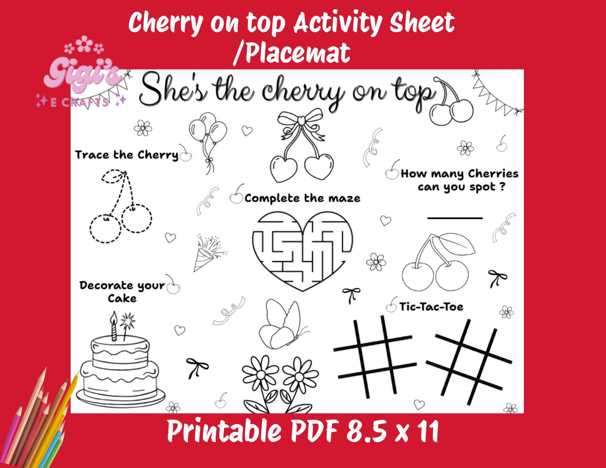 Cherry on top, Ausmalseite, Kirschparty, Aktivitätsblatt, druckbare digitale Datei, sofortiger Download, Kirsch-Geburtstagsfeier, Kirschthema