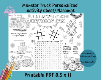 Monstertruck-Geburtstagsfeier-Malvorlage, personalisierte Monstertruck-Aktivitätenseite, Monstertruck-Thema, Monstertruck-Geburtstag
