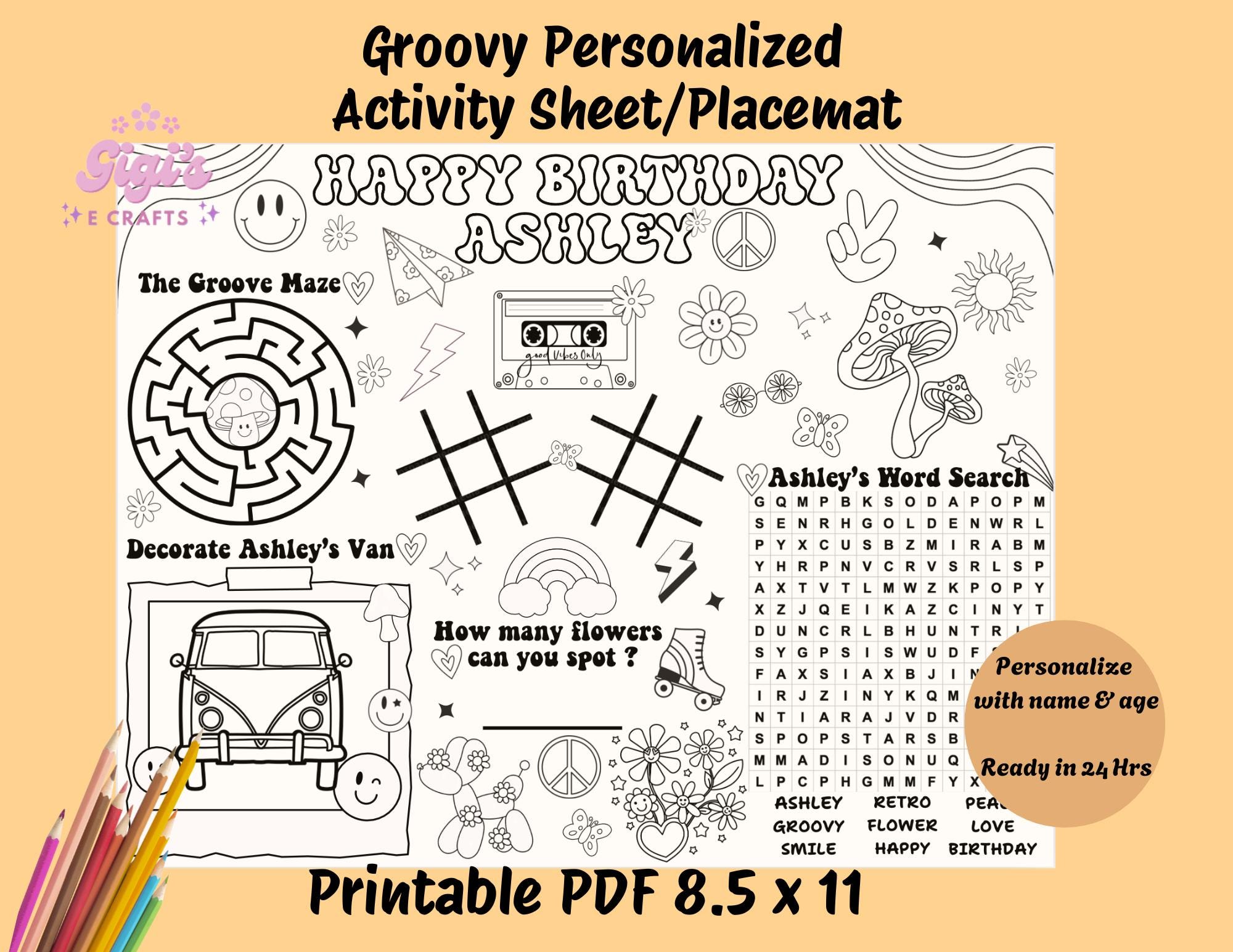 Groovy Coloring Placemat DIGITAL, Retro Vintage Party Activity Sheet ...