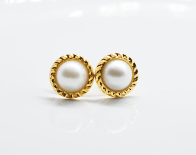 Pearl Stud Post Earrings Gold Rope Frame With White Ivory Pearls ...