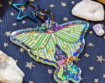 Holographic Double Sided Acrylic Keychain, Luna Moth Decorative Clip for Backpacks and Purses, Cottagecore, Witchy Vibes
