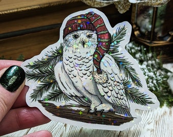 Holographic Snowy Owl Sticker, Laminated Christmas Owl Wearing Stocking Cap Stickers for Water Bottle, Winter Woodland Forest Animals