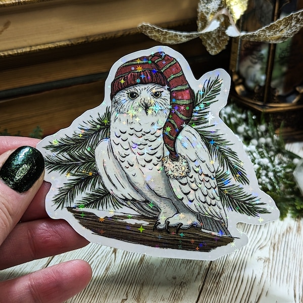 Holographic Snowy Owl Sticker, Laminated Christmas Owl Wearing Stocking Cap Stickers for Water Bottle, Winter Woodland Forest Animals