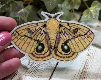 Io Moth Holographic Sticker, Yellow Insect, Beautiful Sparkly Moths, Water Resistant Laminated Stickers, Laptop Sketchbook Bottle Decoration
