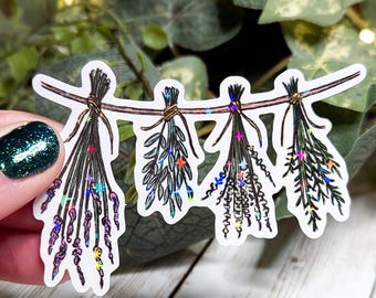 Hanging Herbs Holographic Sticker, Herbal Magic Laminated Stickers for Water Bottle, Laptop Kindle Sketchbook Decal, Sparkly Journal Decor