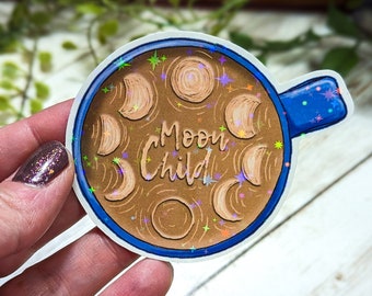 Holographic Magical Coffee Cup Sticker, Moon Child Stickers, Laminated Water Resistant, Moon Cycle, Magic Brew, Sparkly Drink, Latte Art