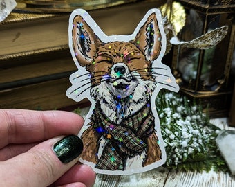 Holographic Winter Fox Wearing a Scarf Sticker, Laminated Foxy Stickers for Water Bottles, Forest Woodland Animal, Christmas Laptop Decal