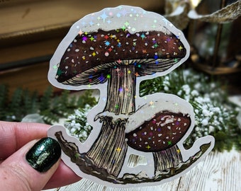 Holographic Winter Toadstool Sticker, Laminated Amanita Stickers for Water Bottles, Sparkly Christmas Mushroom, Snowy Toadstools