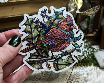 Holographic Cardinal Sticker, Laminated Christmas Stickers, Water Resistant Bird Wearing a Scarf, Woodland Forest Winter Journal Decoration