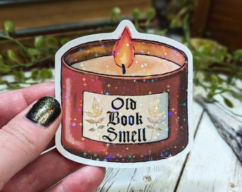 Holographic Old Book Smell Candle Sticker, Laminated Stickers for Water Bottle, Water Resistant, Decoration for Laptop or Sketchbook