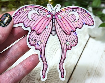 Holographic Pink Luna Moth Sticker, Laminated Stickers for Water Bottle, Celestial Moths, Moon and Stars, Whimsical, Witchy Aesthetic Art