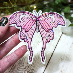 Holographic Pink Luna Moth Sticker, Laminated Stickers for Water Bottle, Celestial Moths, Moon and Stars, Whimsical, Witchy Aesthetic Art