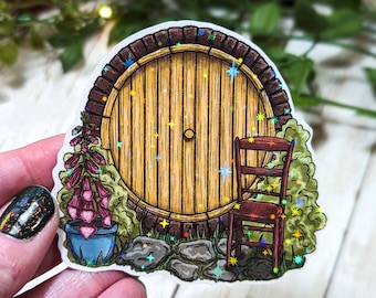 Sticker holographique pour porte hobbit, stickers laminés pour bouteille d'eau, portes halfelines, décalcomanies pour ordinateur portable, inspiration fantastique, hobbitcore, fantaisiste