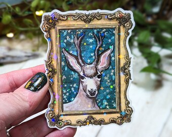 Holographic Deer Portrait Sticker, Laminated Stickers for Water Bottle, Forest Animal, Framed Animals, Moody Aesthetic, Fantasy Themed