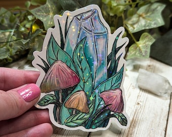 Magical Crystal Forest Mushroom Holographic Sticker, Water Resistant Laminated Stickers, Witchy Toadstool Art, Bottle Laptop Decoration