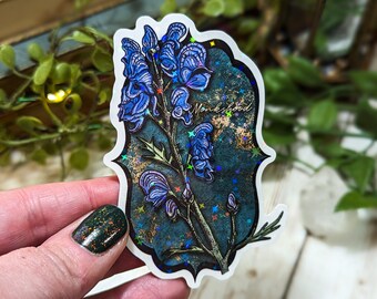 Holographic Monkshood Sticker, Laminated Stickers for Water Bottle, Poisonous Plants, Witchy Flowers, Wolfsbane, Moody Aesthetic, Decals