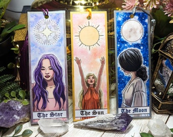 Laminated Tarot Bookmarks, Witchy Bookmarks, The Sun Tarot Card Bookmark, The Moon Tarot Card Bookmark, The Star Tarot Card Bookmark