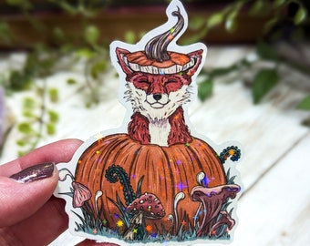 Holographic Fox in Pumpkin Sticker, Toadstool Stickers, Whimsical Mushrooms, Fall Vibes, Autumn Aesthetic, Cottagecore Whimsy, Cute Animal