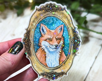 Holographic Fox Portrait Sticker, Laminated Stickers for Water Bottle, Framed Forest Animal, Whimsical Foxy Art, Laptop Decals, Fantasy