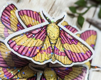 Rosy Maple Moth Holographic Sticker, Die Cut Sticker, Laminated Sticker, Water Resistant Sticker, Moth Sticker