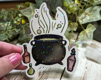 Bubbling Cauldron Holographic Sticker, Magical Halloween Stickers, Water Resistant Laminate, Spooky Potion Bottles, Laptop Bottle Decoration