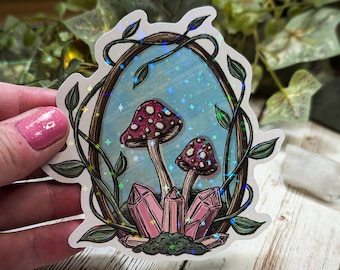 Magical Mushroom Crystal Mirror Holographic Sticker, Water Resistant Laminated Stickers, Witchy Toadstool, Bottle Laptop Decoration, Sparkly