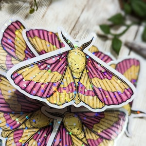 Rosy Maple Moth Holographic Sticker, Die Cut Sticker, Laminated Sticker, Water Resistant Sticker, Moth Sticker