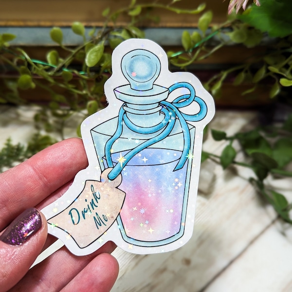 Drink Me Holographic Sticker, Potion Bottle, Alice in Wonderland, Pastel Goth, Whimsigoth Stickers, Laminated Water Resistant, Laptop Decal