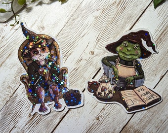 Witchy Cottagecore Holgraphic Stickers, Spookycore Stickers, Laminated, Water Resistant Sticker, Knitting Cat, Frog Sticker, Brewing Tea
