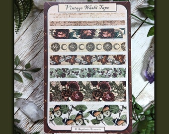 Vintage Inspired Washi Tape Stickers, Stickers for Bullet Journals, Journaling Decorations, Floral and Celestial Themed, Muted Autumn Colors