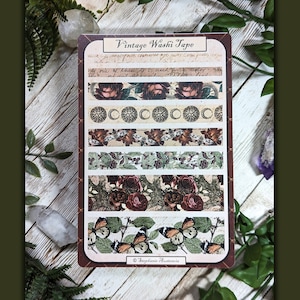 Vintage Inspired Washi Tape Stickers, Stickers for Bullet Journals, Journaling Decorations, Floral and Celestial Themed, Muted Autumn Colors image 1