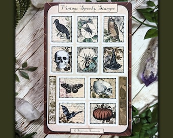 Vintage Inspired Spooky Stamp Stickers for Journaling, Bullet Journal Stickers, Dark Academia Themed, Witchy Sticker for Penpals, Decorative