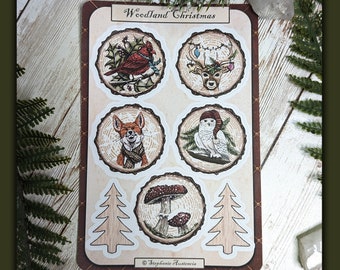 Winter Woodland Christmas Sticker Sheet for Bullet Journals, Forest Animals Stickers, Wood Slice Artwork for Journals and Sketchbooks