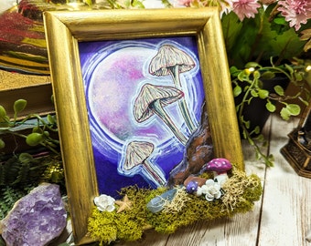 Toadstool Wall Art, Upcycled Art, Glowy Mushroom Art, Mystical Mushroom Art, Moon and Mushroom Art, Moon Art, Whimsical Art, Handpainted Art