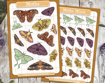 Moth Sticker Sheet, Hand Drawn Kiss Cut Stickers for Planners Journals Letters, Atlas Luna Rosy Maple Regal Io Granny's Cloak Moths