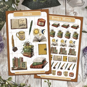 May include: Two sheets of stickers featuring illustrations of books, candles, and a quill pen. The first sheet is titled "Books" and the second sheet is titled "Books Minis". The stickers are on a white background.