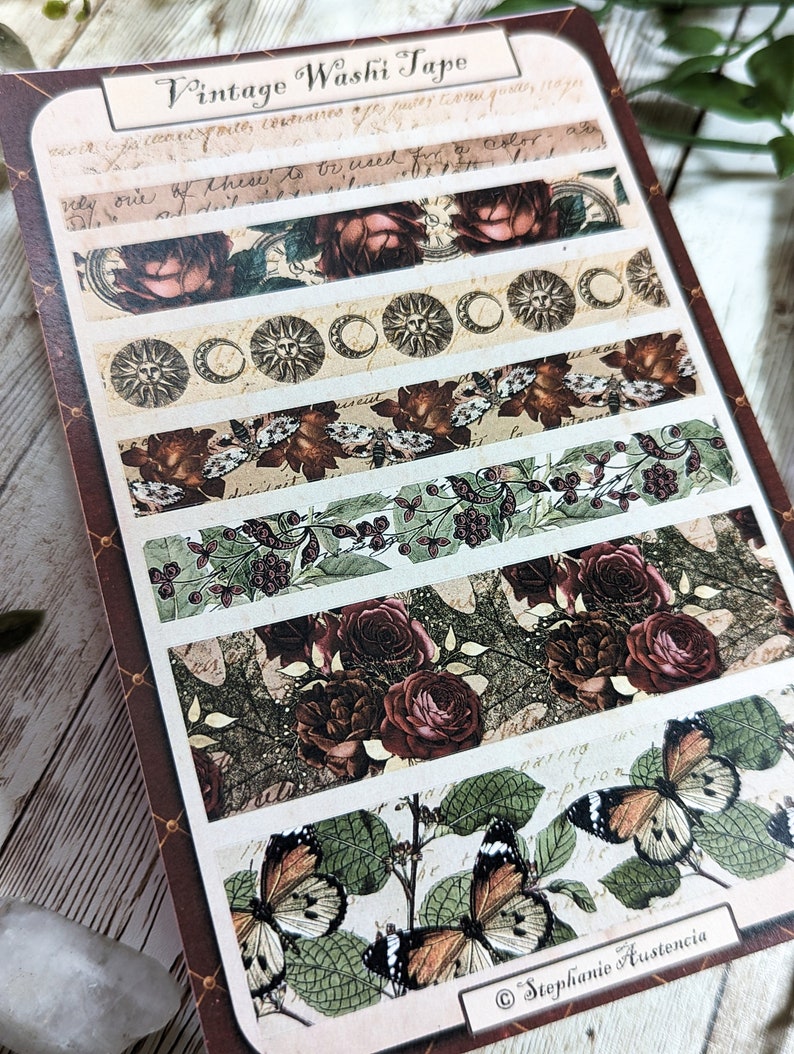 Vintage Inspired Washi Tape Stickers, Stickers for Bullet Journals, Journaling Decorations, Floral and Celestial Themed, Muted Autumn Colors image 2