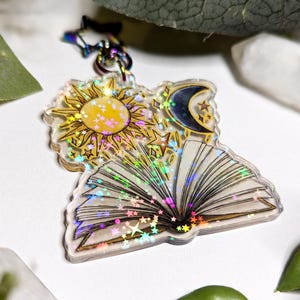 Magical Book Holographic Acrylic Keychain, Sun and Moons Sparkly Purse Charm, Whimsical Backpack Clip, Gift for Readers, Gifts for Women